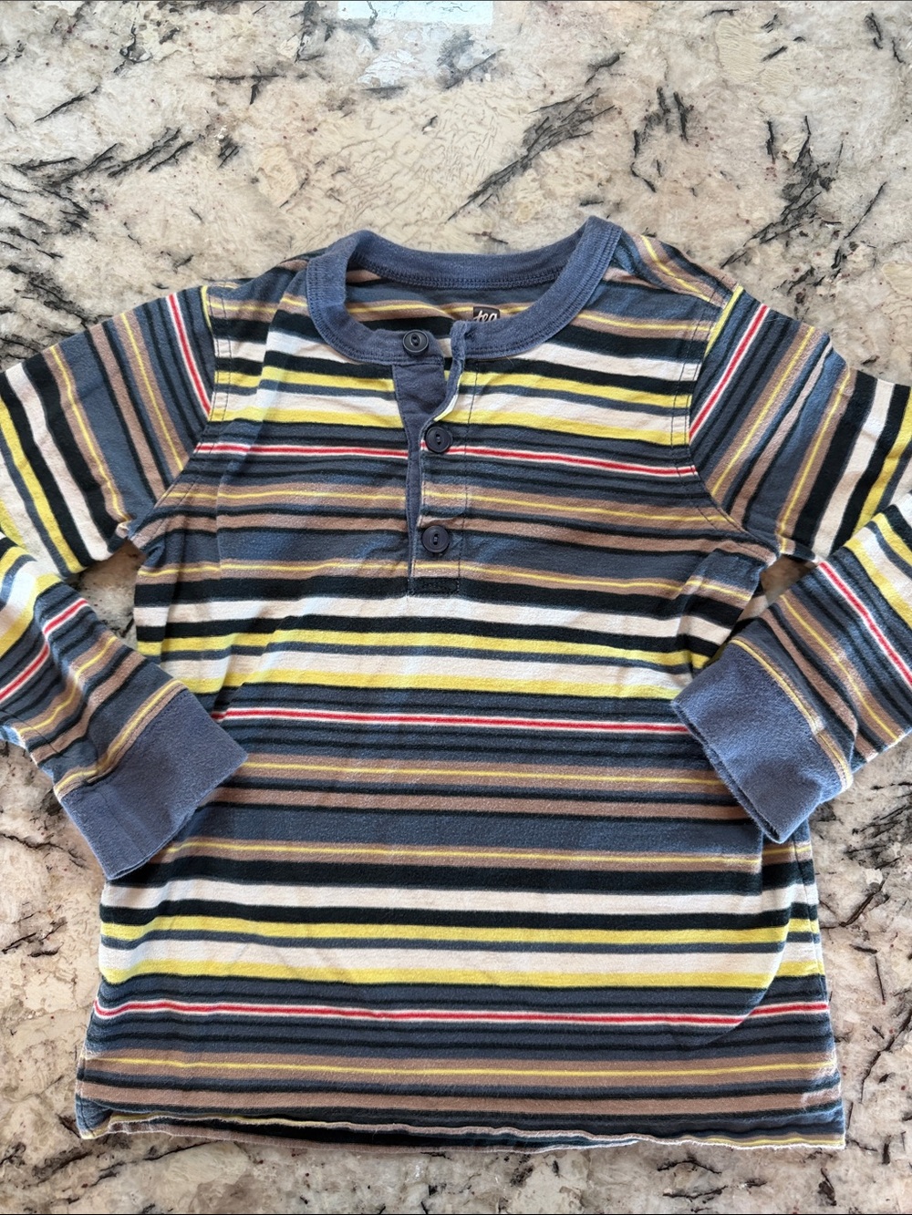 Tea Collection Striped Henley Long-Sleeve Top - Blue, Yellow, Brown, Cream